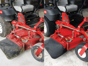 Before and After picture of dirty then clean lawn mower