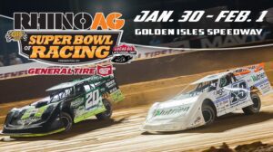 Late Model cars on track with Rhino Ag Super Bowl of Racing Logo