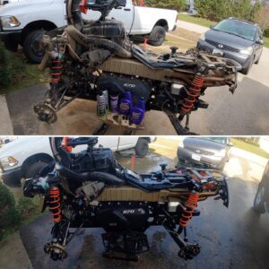 Before and After Pictures of Can-Am Renegade frame cleaned with Super Clean