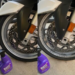Before and after picture of motorcycle wheels cleaned with Super Clean