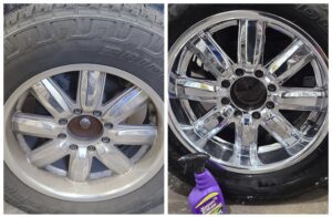 Wheel before and after cleaning with Super Clean Wheel Cleaner