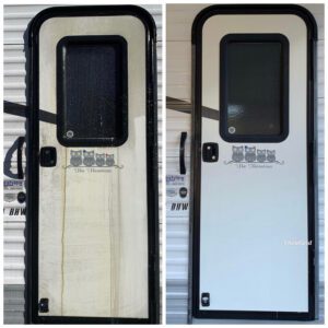 Camper door before and after cleaning with super clean
