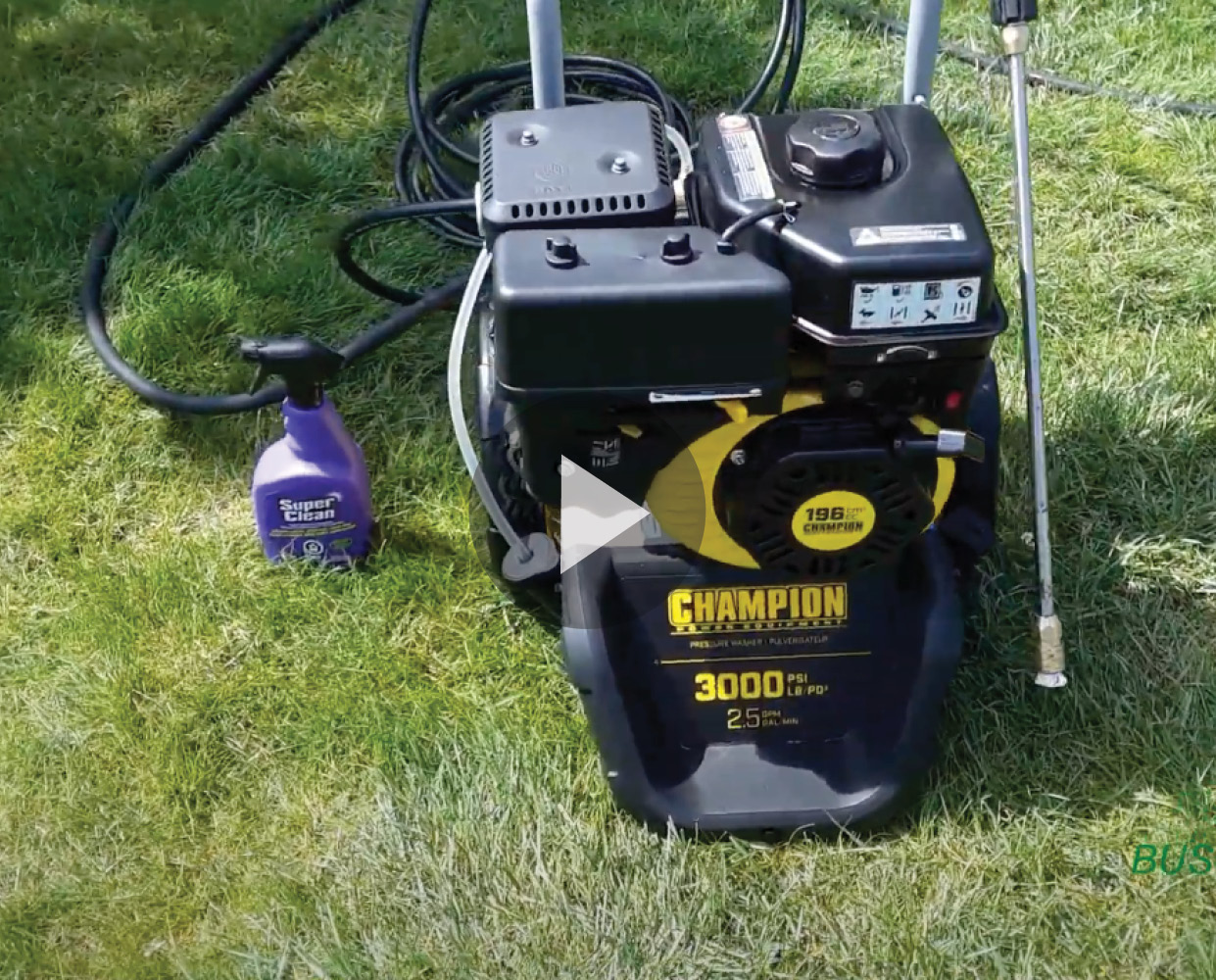 Still frame of video cleaning lawn mower with super clean