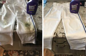 baseball pants before and after cleaning with Super Clean