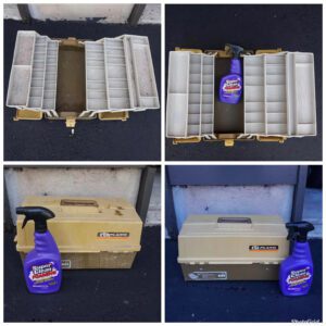 Tackle box inside and out before and after cleaning with super clean